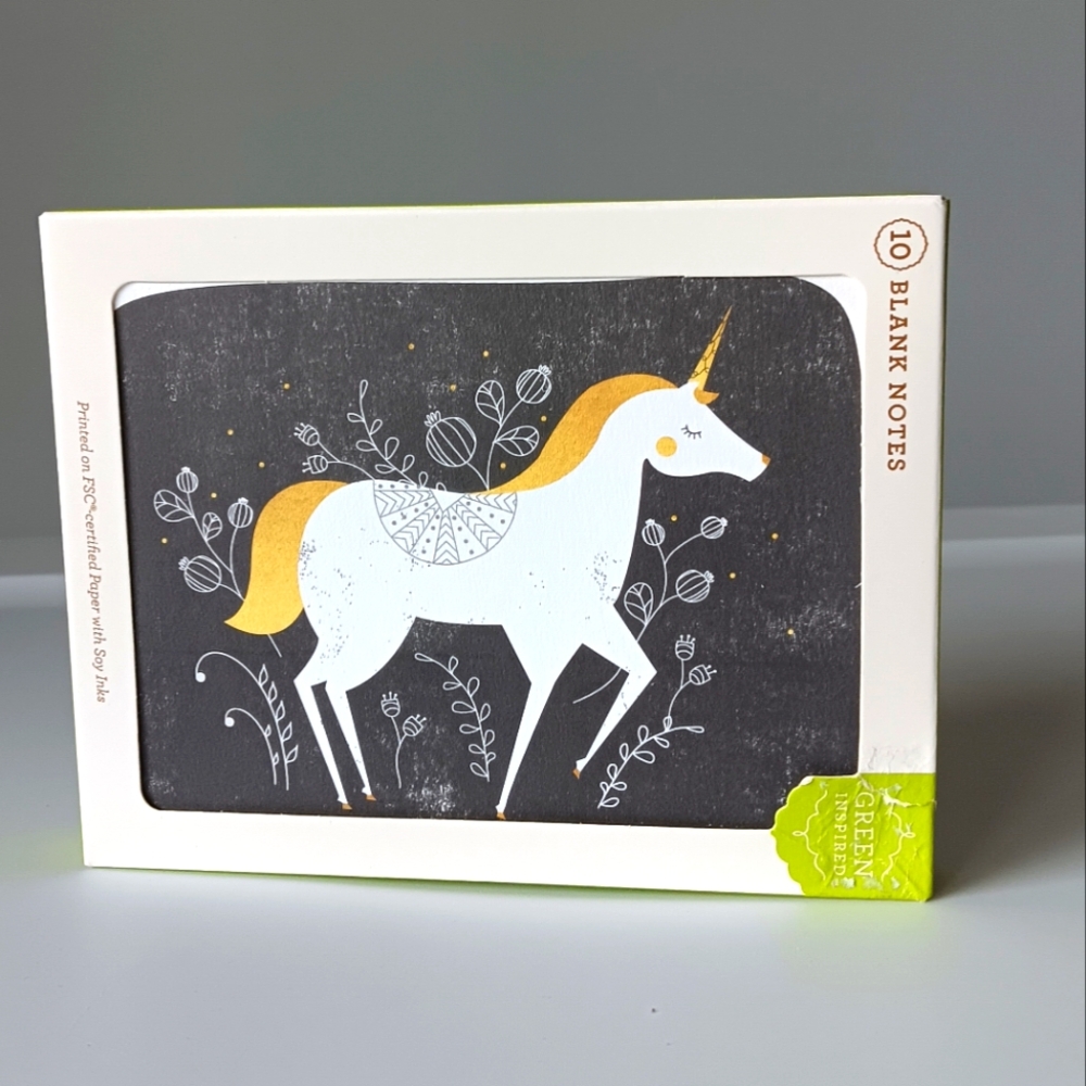 NEW Green Inspired Boxed Set of 10 Note Cards & Envelopes Unicorn Flowers Gift